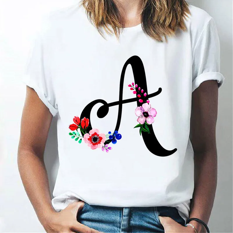 

Women's T-shirt 2021 New Women's 26 Custom Printed Letter T-shirt Fancy Lettering Graphic T-shirt Fashion Women's Short Sleeve T