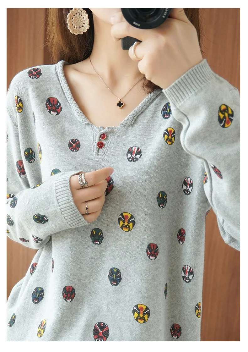 

Autumn Casual Women's T-shirt Retro Printing All-match Loose-fitting Female Pullover V-neck Long-sleeved Inner Base Shirt Tops