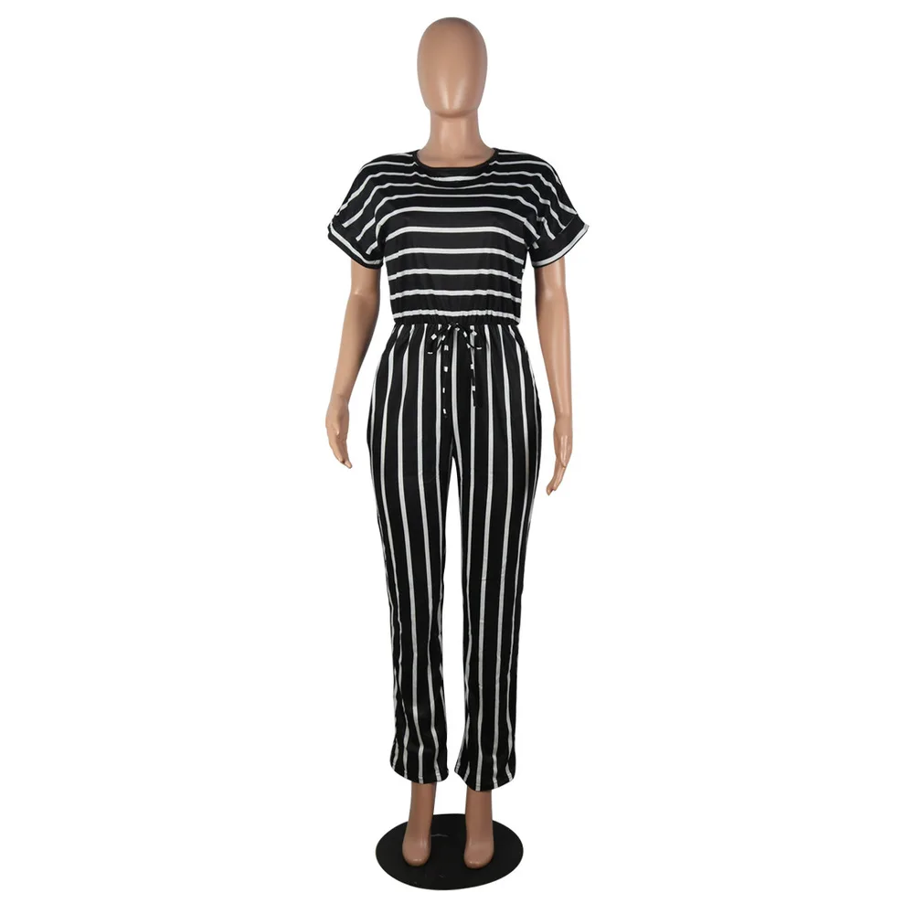 

Women Summer Drawstring Jumpsuit Drop Sleeve Short Tee High Waist Wide Leg Pants Casual Striped Printed One Piece Overalls Femme