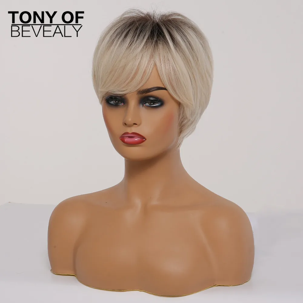 

Short Silky Straight Light Blonde Layered Wigs With Bangs Heat Resistant Synthetic Wigs for Women Daily Natural Hair Wigs