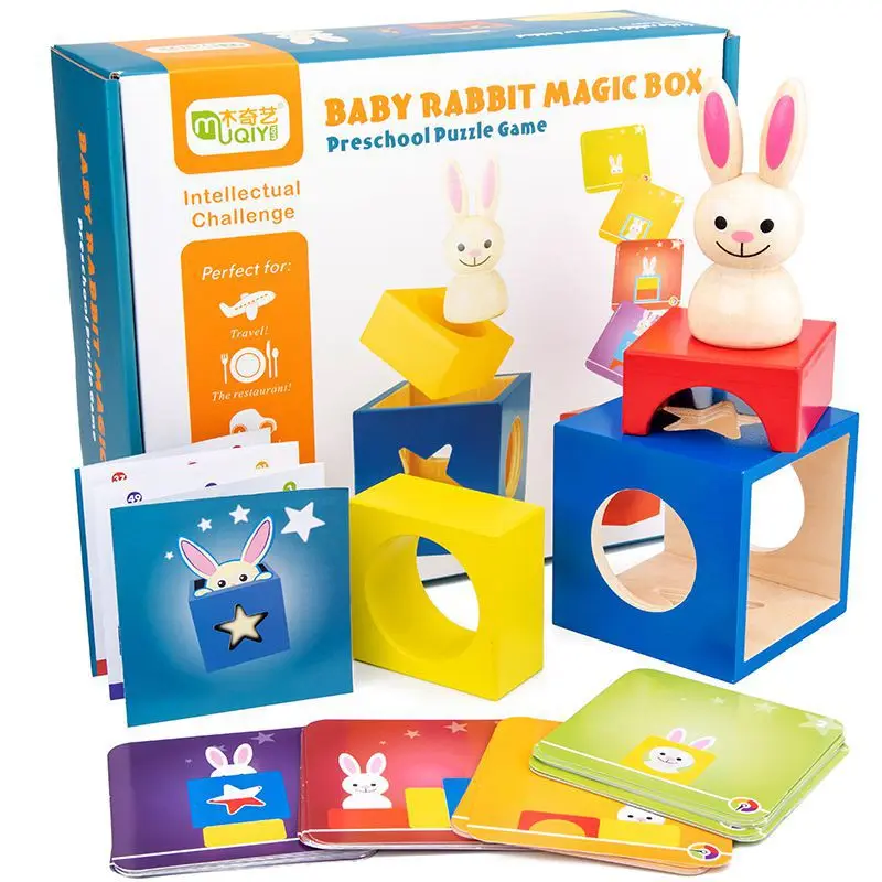 Cajas de rompecabezas de madera para bebé, caja mágica de conejo, juguetes para niños, juego mágico secreto de Boo, escondite