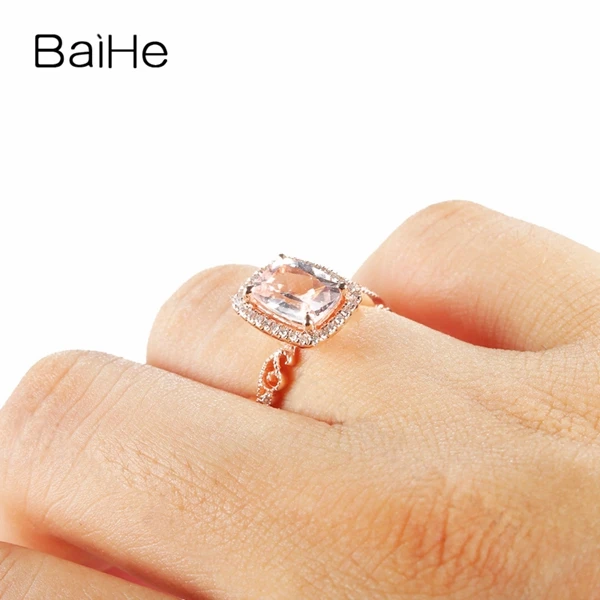 BAIHE Solid 14k розовое золото обручальное кольцо 6x8 мм Подушка 1.28ct натуральный морганит романтическая мода ювелирные изделия 0.12ct SI бриллианты