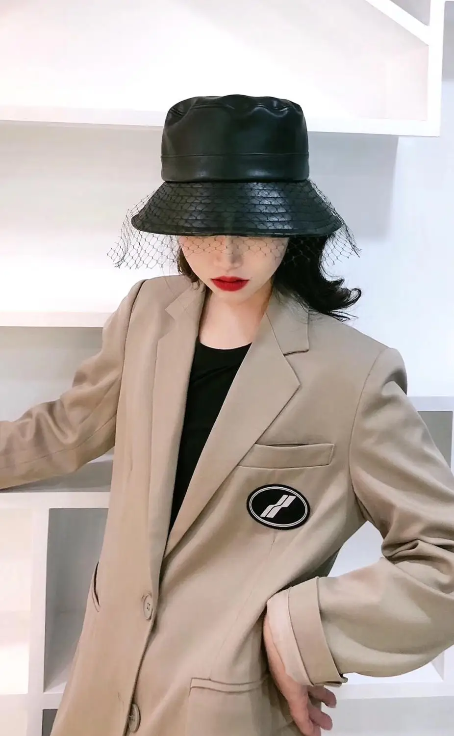 202009-jinxi  fashion faux leather mesh lady bucket cap women  fishermen hat