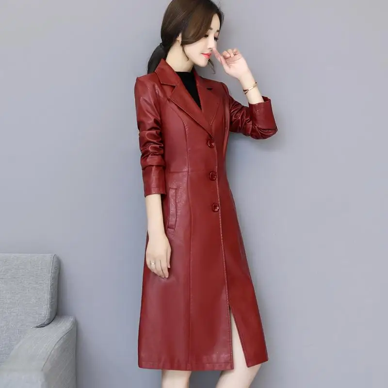 2021 Women Autumn Winter Faux Leather Jacket Lady Solid Single Breasted Mid-long Coat Female Casual Slim  Outerwear H214