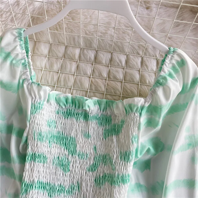 

Women Chiffon Blouse Printed Stripes Crop Tops Long Puff Sleeve Elastic Drape Ladies Slim Short Shirts Elegant Blusas Femininas