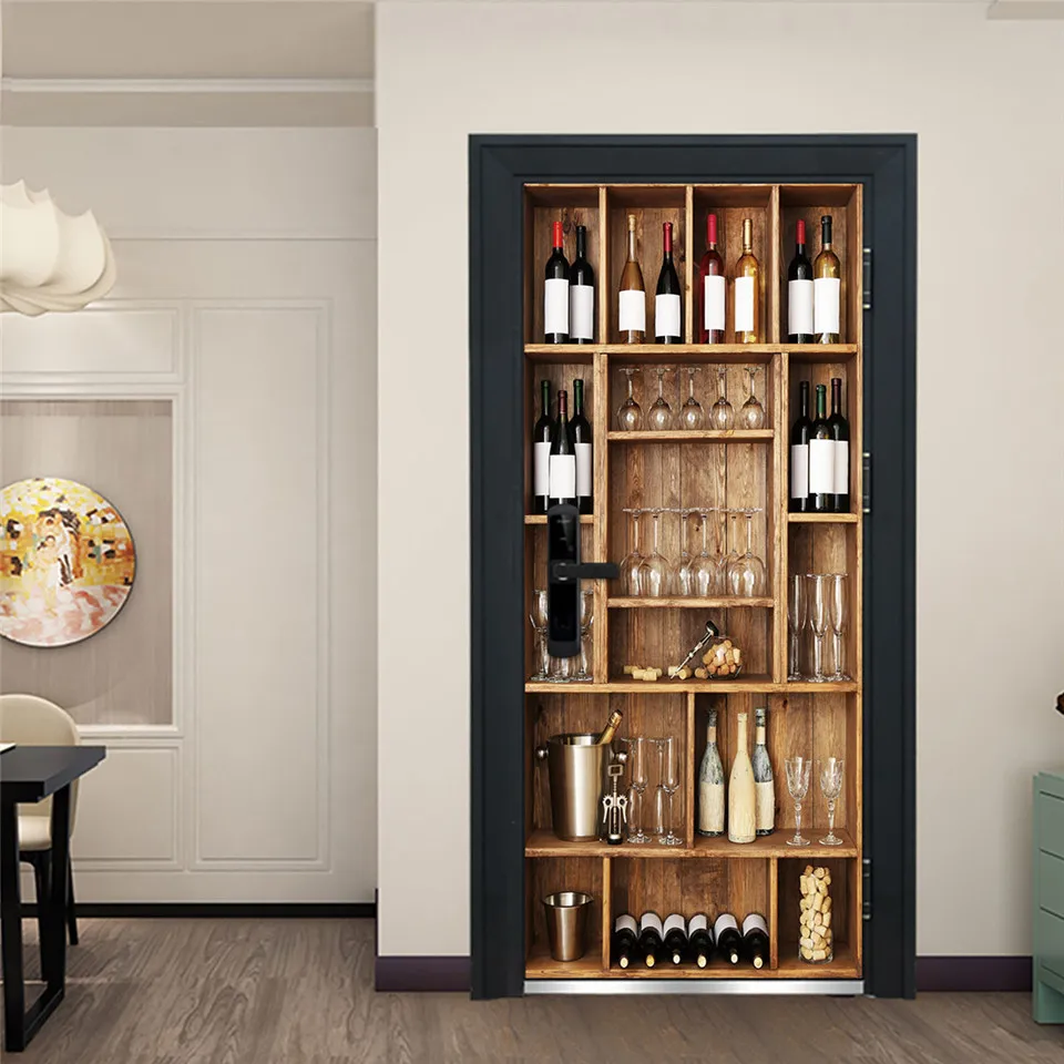 Papel tapiz para puerta de estanter&iacute;a de vino con patr&oacute;n 3D, murales para sala de estar, cocina, Pegatina autoadhesiva para puerta, calcoman&iacute;a de papel tapiz extra&iacute;ble, dise&ntilde;o del hogar-1