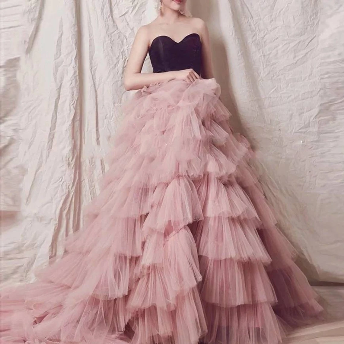 

Ruffle Tulle Prom Dress Layered Puffy Tulle Strapless Sweetheart High Waist Sweep Train Any Size Any Color Custom Evening Gown