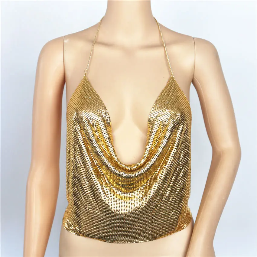 

Summer Women Elegant Sexy Shiny Metal Texture Suspender Top Club Backless Bralette Beach Halter Gold Sequined Tank Top Camisole