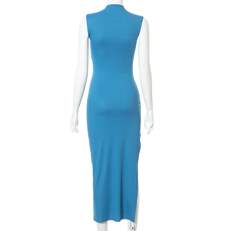 

Bomblook Casual Office Lady Bodycon Dresses For Women's 2021 Summer Clothing Sleeveless O-neck Slit Midi Dress Female Streetwear