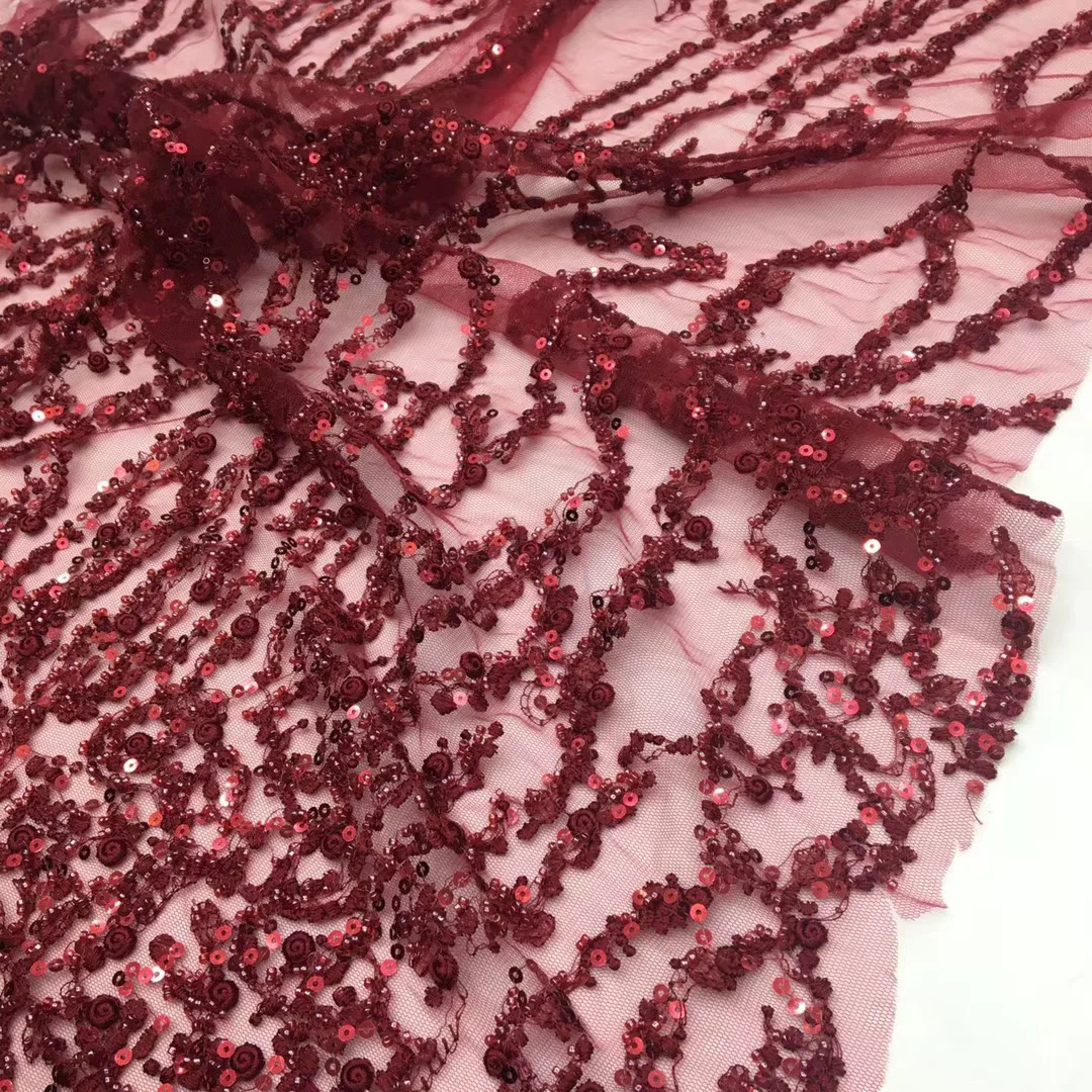 

(5yards/pc) high quality embroidered tube beaded French net lace wine red African tulle lace fabric for party dress FSS211
