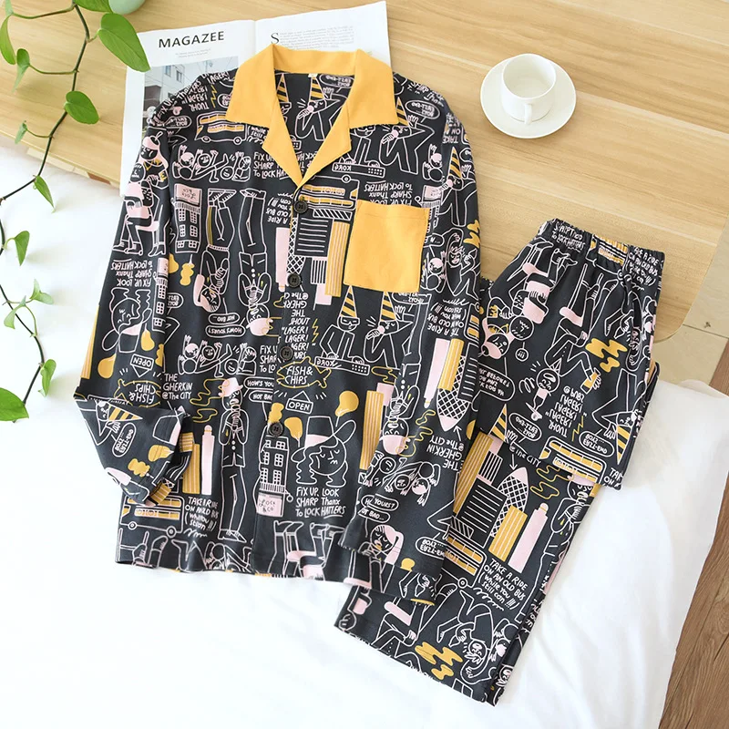 

2021 new couple spring and autumn pajamas suit 100% cotton men's cartoon comics knitted lapel home service plus size women sleep