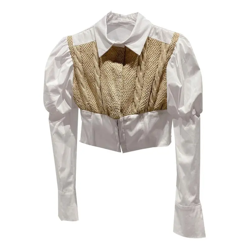 

Autumn 2020 New Knitted Puff Sleeve Short Elegant Shirt Shirts Women Spliced Blouse Ladies Slim Blouses Fashion Tops Blusas