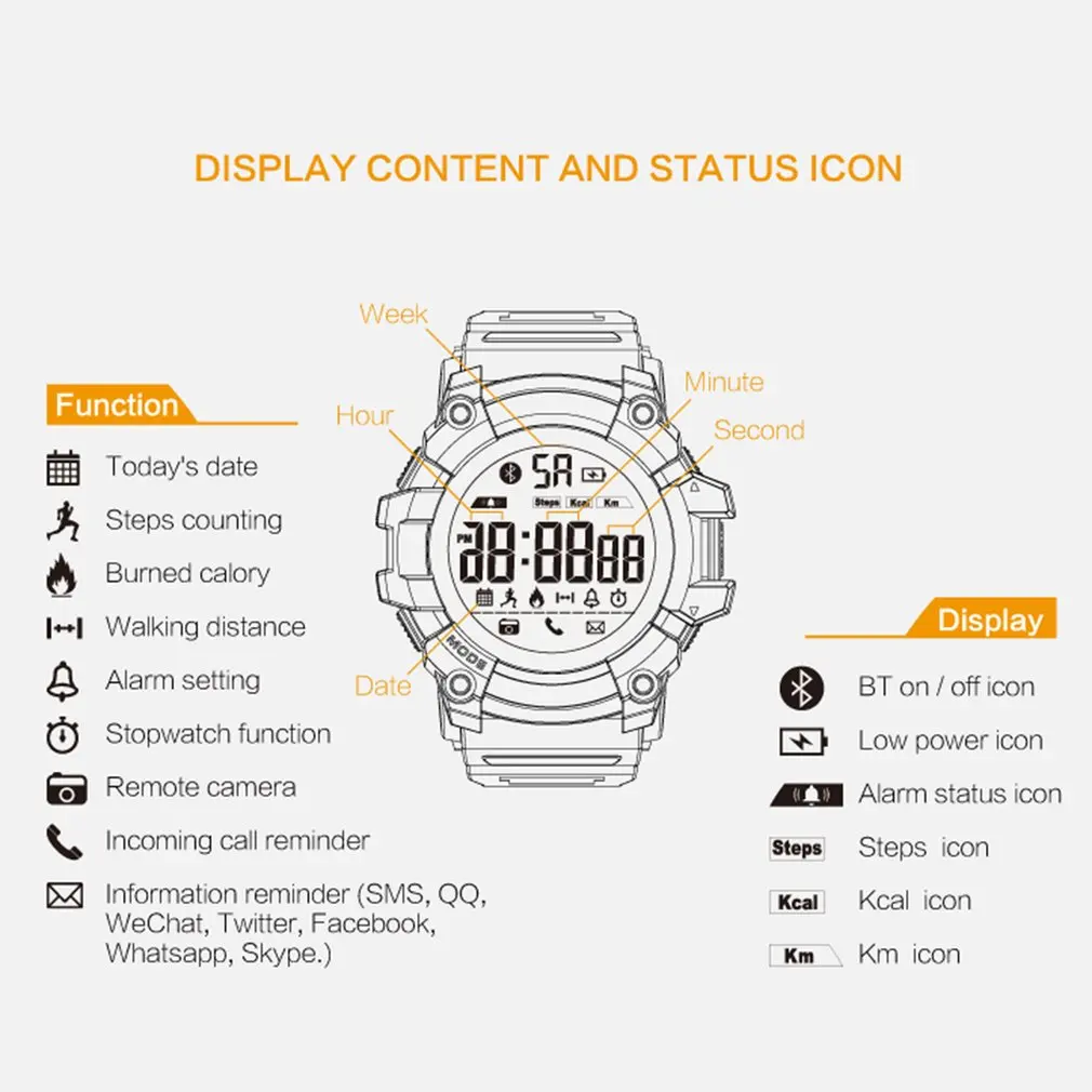 EX16 IP67 Waterproof Smart Watch Bluetooth Clock Notification Remote Control Pedometer Sport Men's Wristwatch | Электроника
