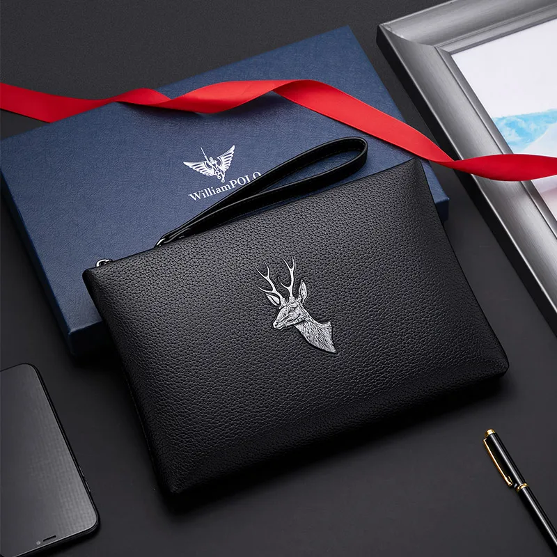 WILLIAMPOLO Men's Genuine Leather Clutch Bag With Strap Fashion Design Elk Pattern Zipper Wallet with Gift Box PL202141