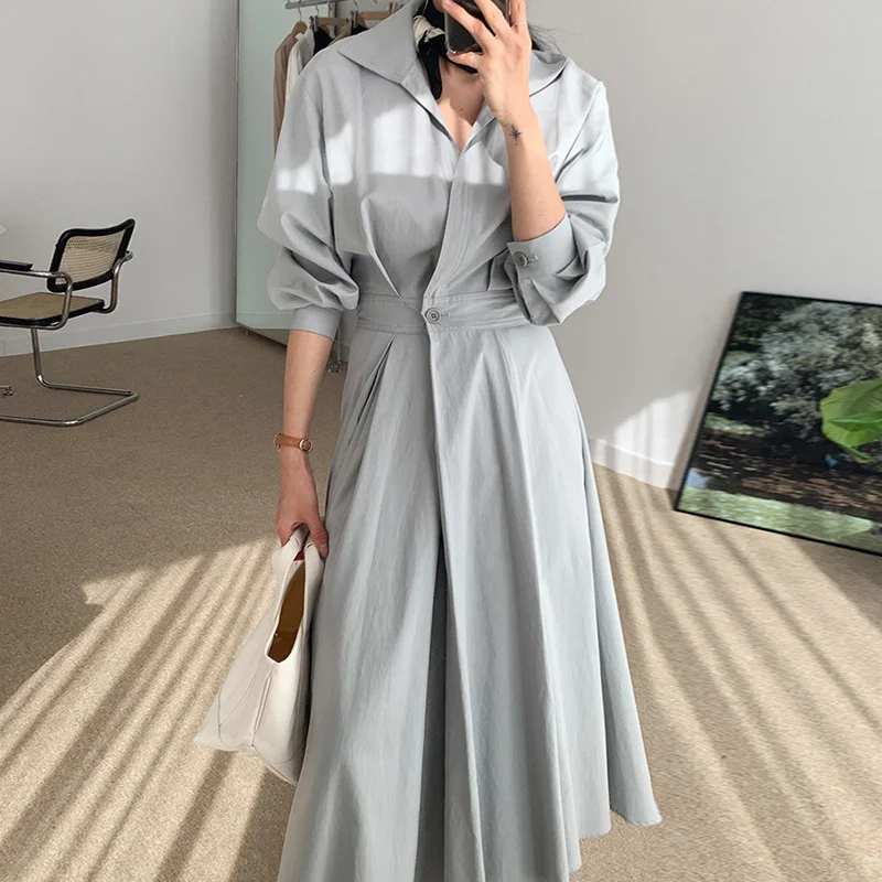 

Женское однотонное платье-рубашка, в Корейском стиле, с отложным воротником, на одной пуговице, с длинным рукавом, осень 2021, U068