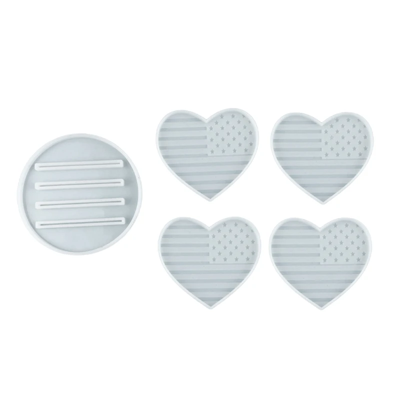 

T84B 1 Set Love Heart American Flag Coaster Epoxy Resin Mold with Storage Stand Mold Cup Mat Silicone Mould DIY Crafts Jewelry