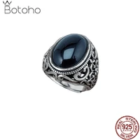 botoho real s925 solid sterling silver ring 2021 new fashion mens retro old thai silver personality black agate argentum ring