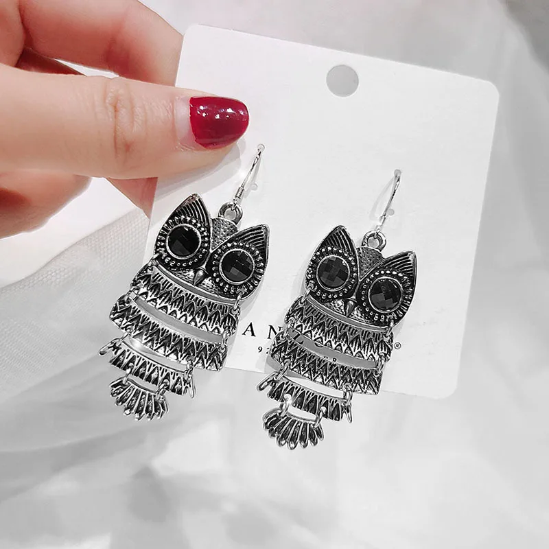 Богемные женские серьги с совой винтажные длинные висячие кисточками