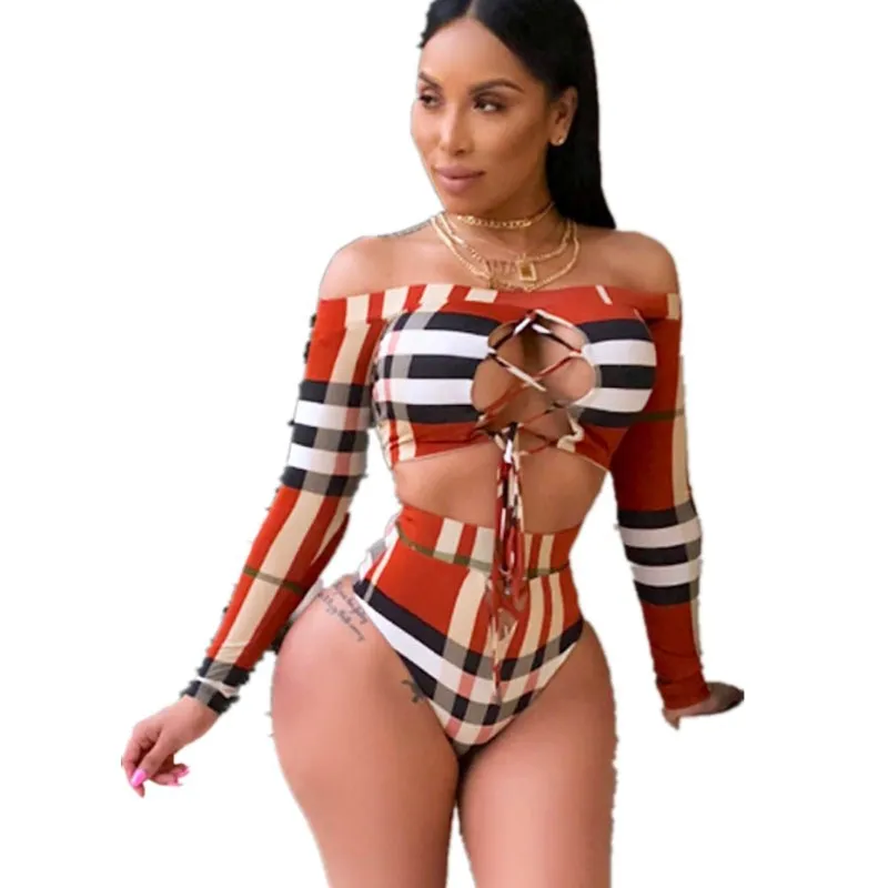 Sexy Split Long Sleeve Swimwear Off Shoulder Swimsuits High-Waisted Square Sunscreen Bikini