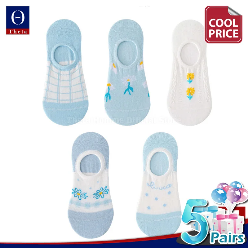 

THETA Female 5 Blue Cartoon Cute Thin No-show Socks Set Summer Kawaii Cotton Invisible Slippers Lot Fashion Soft Women Anklet