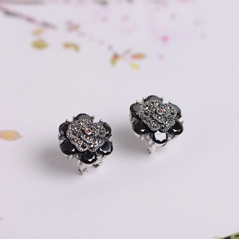 

FNJ Rose Flower Earrings 925 Silver Original Pure S925 Sterling Silver Stud Earring for Women Jewelry Red Black Zircon Stone
