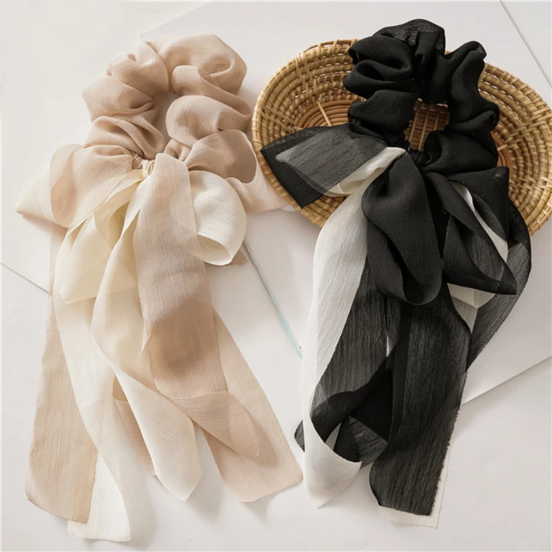 

Chiffon Ribbon Hair Scrunchies Splicing Color Bow Hair Ring Elastic Hair Band Ponytail Scarf Long Streamer Bowknot Hair Rope