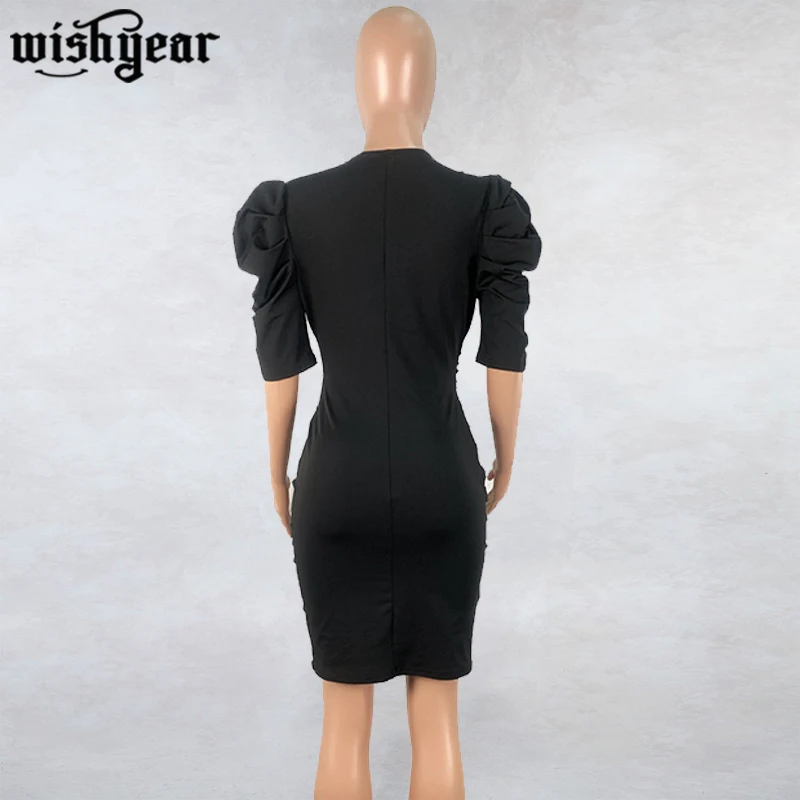

Solid V Neck Puff Bodycon Dress Women Fashion Sexy Short Sleeve Vestido Slim Night Club Party Mini Dresses Female Clothing