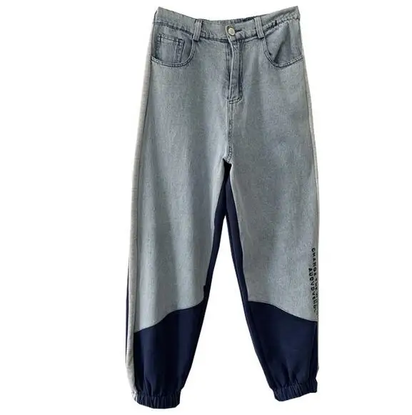 

Women's stitching high waist buckle jeans guard pants loose harem bloomers