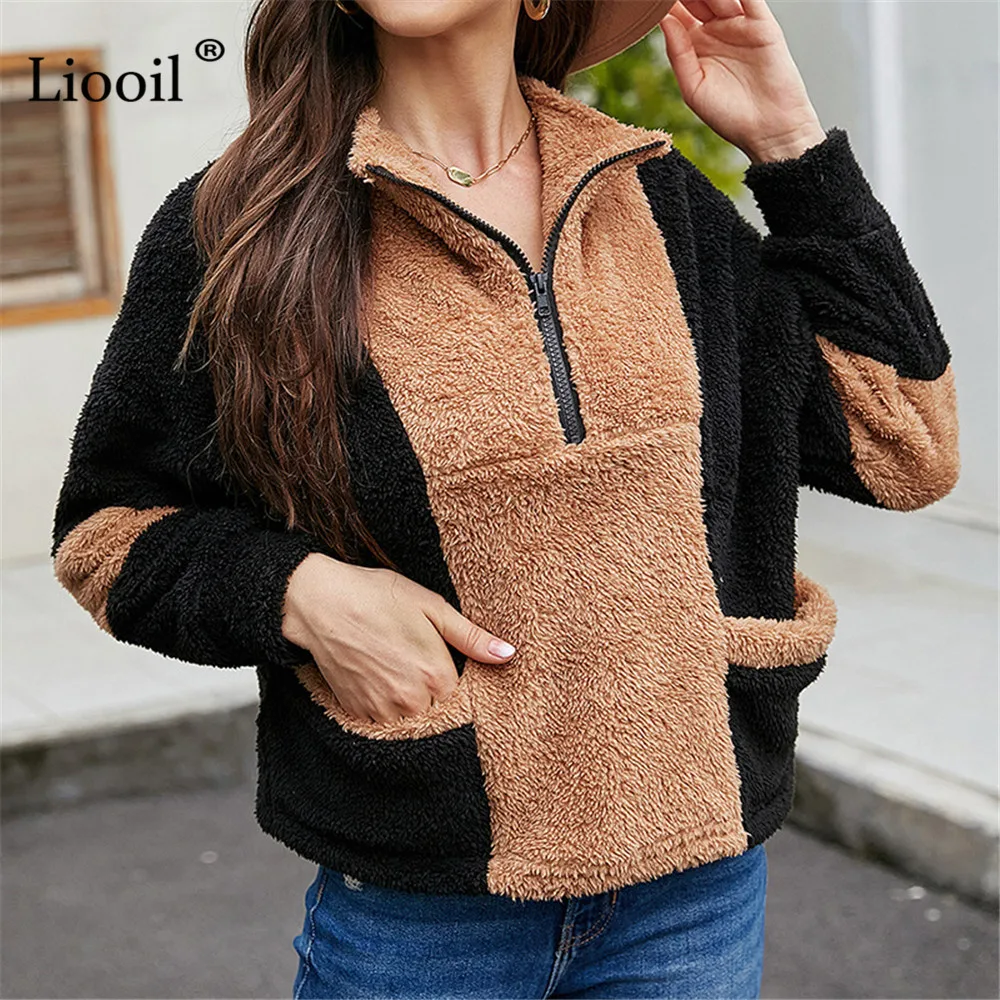 

Fleece Warm Patchwork Sweatshirt For Women Zipper With Pockets Long Sleeve Pullover Autumn Casual Tops Streetwear Jumper 2021