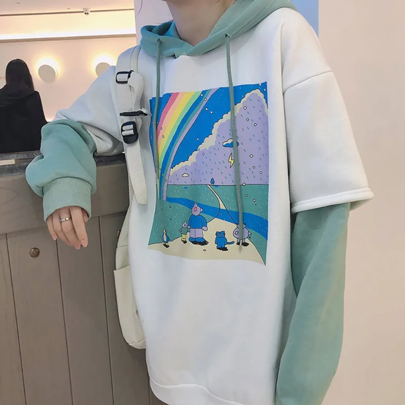 

Girl Sweetshirts Print Hooded Fake Two Pieces Plus Velvet Thick Hooded Autumn Winter Oversized Hoodies 2021 Autumn