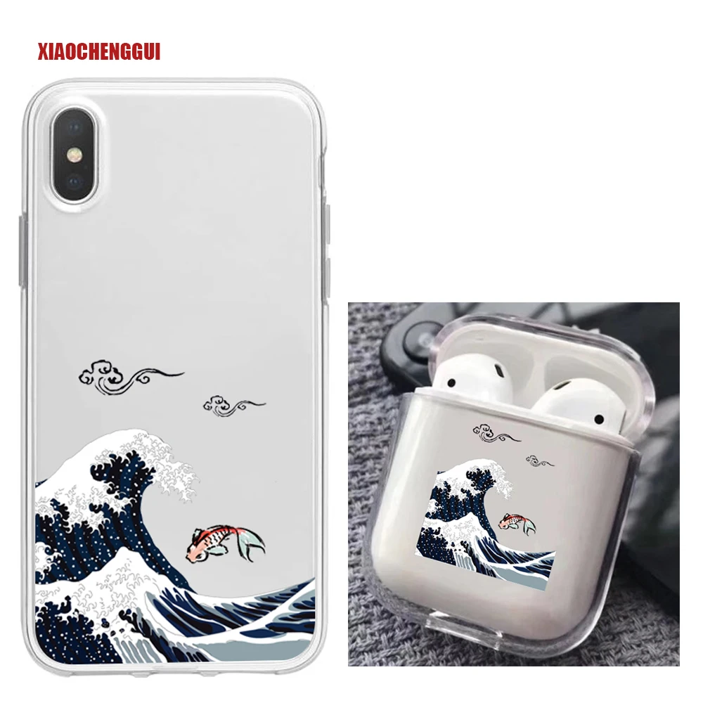 

2pcs/Set The Great Wave off Kanagawa Phone Case For iPhone 13 12 11 Pro x xs Max XR 7 8 Plus Earphone Cover For Airpods 1/2/Pro
