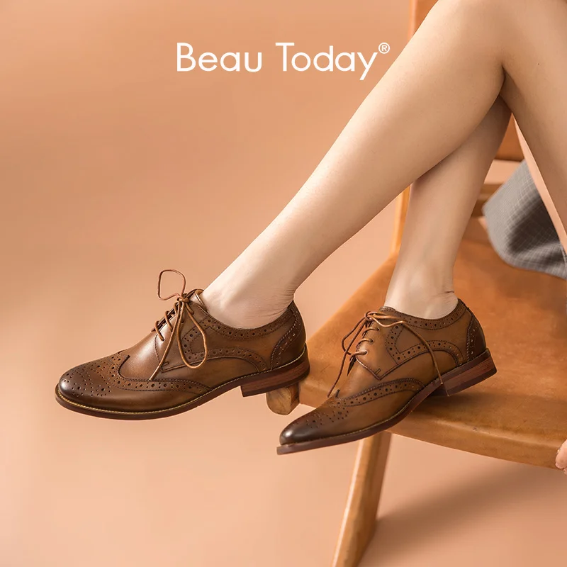 

BeauToday Brogue Shoes Women Cow Leather Wingtip Waxing Round Toe Cross-Tied Derby Shoes Ladies Flats Handmade 21436