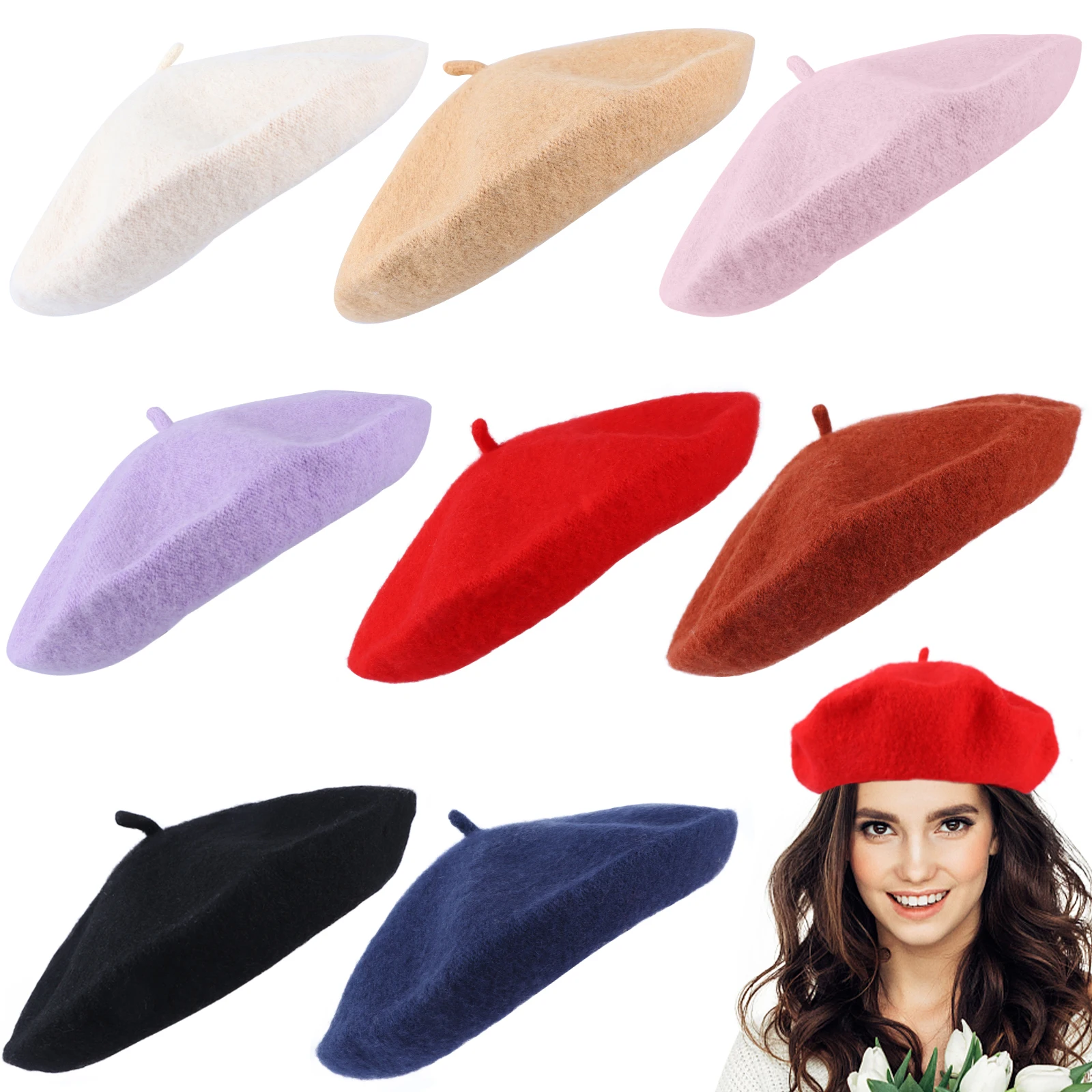 

8pcs Beret Pure Wool Beret Hat Women Felt Beret British Style Girl Beret Hat Lady Solid Color Slouchy Winter Hats