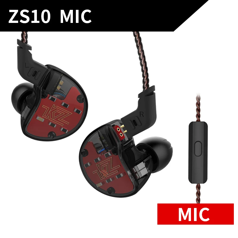 Black mic KZ ZS10 наушники 4BA+ 1DD динамические арматурные наушники HiFi бас гарнитура шумоподавление в ухо Мониторы гибридные наушники - Цвет: Black mic