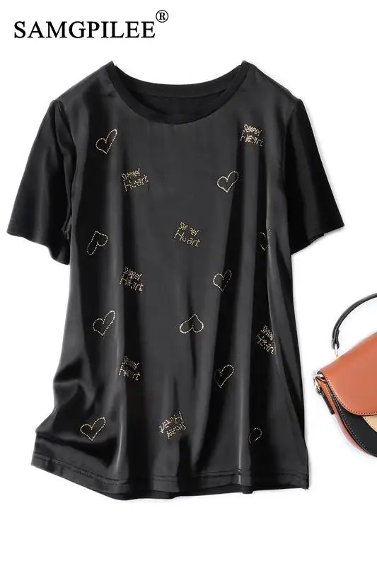 

Plus Size T-shirts Summer 2021 New Korean Style Fahsion Casual Blended Short Sleeve Diamonds Solid O-neck Tshirts Women 4XL
