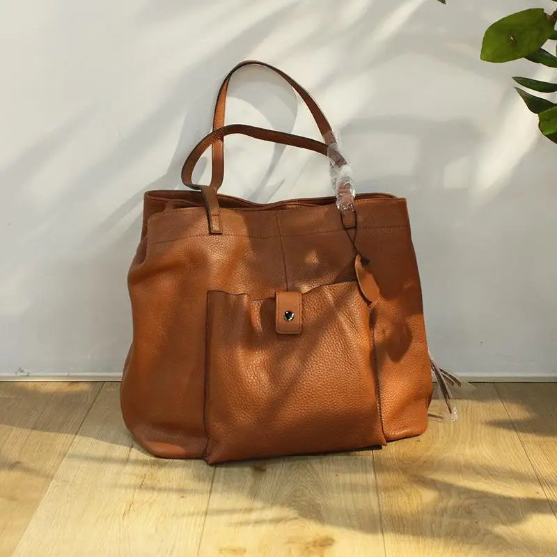 

2021 New Leisure First Layer Cow Leather Women Handbag Big Large Capacity Casual Tote Solid Color Shoulder Bags Sac A Main Femme