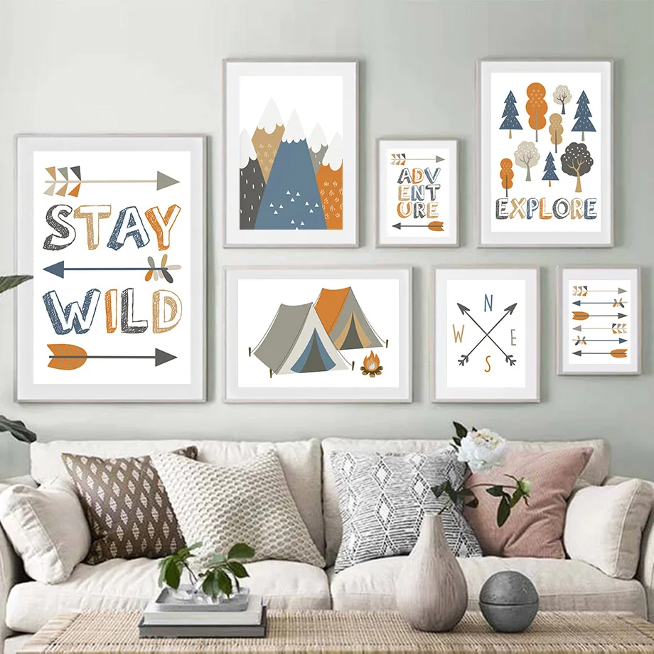 

Letter Tree Mountain Tent Camping Bonfire Arrow Wall Art Canvas Painting Nordic Posters And Prints Wall Pictures Kids Room Decor