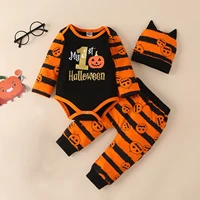 3pcs newborn baby girls clothes halloween baby costume pumpkin letter bodysuit striped pants sets infant outfits child clothing