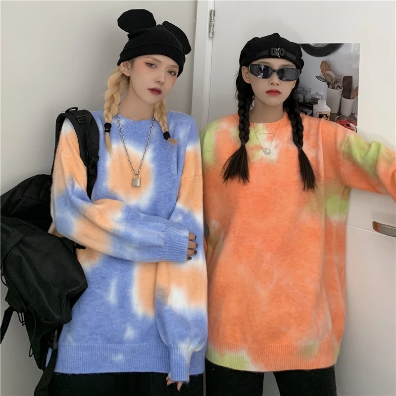 

Tie-Dyed Sweater Women's Fashionable Ins Autumn and Winter 2020 New Korean Harajuku Laid-Back Style Loose Outer Wear