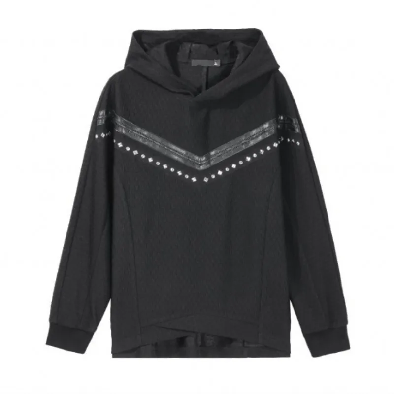 

Men Slim Pullover Hooded Jacquard Solid Casual Tops Spliced PU Beading Design Raglan Sleeve Irregular Hem Spring Autumn Black