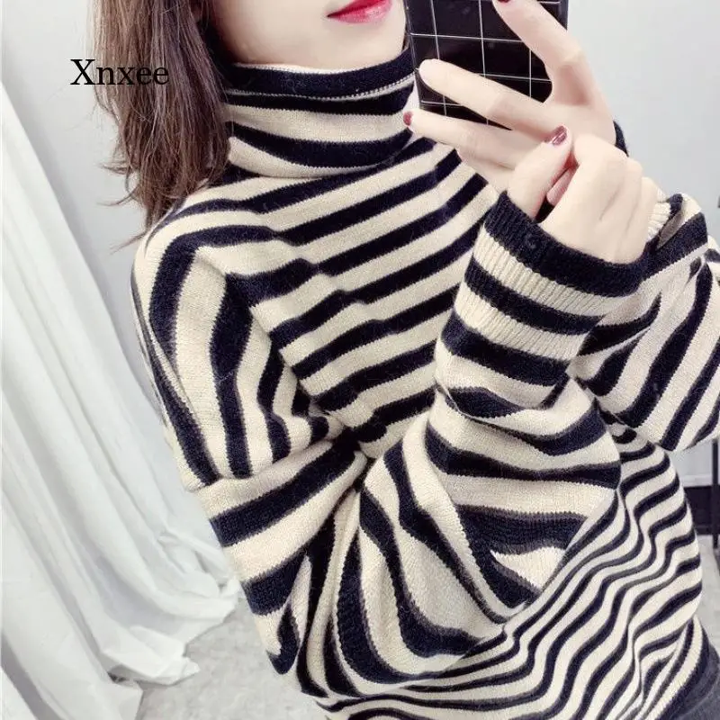 

Women Turtleneck Sweater Striped Knit Casual Harajuku Winter Vintage New Thickening Autumn Loose Warm Sweaters Fashion Clothing