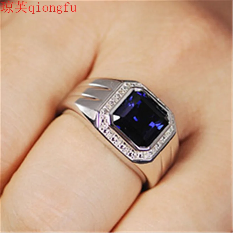 

Qiongfu Big Sapphire Square Diamond Ring Luxury Fashion Luxury Blue Diamond Zircon Platinum Wide Ring Engagement