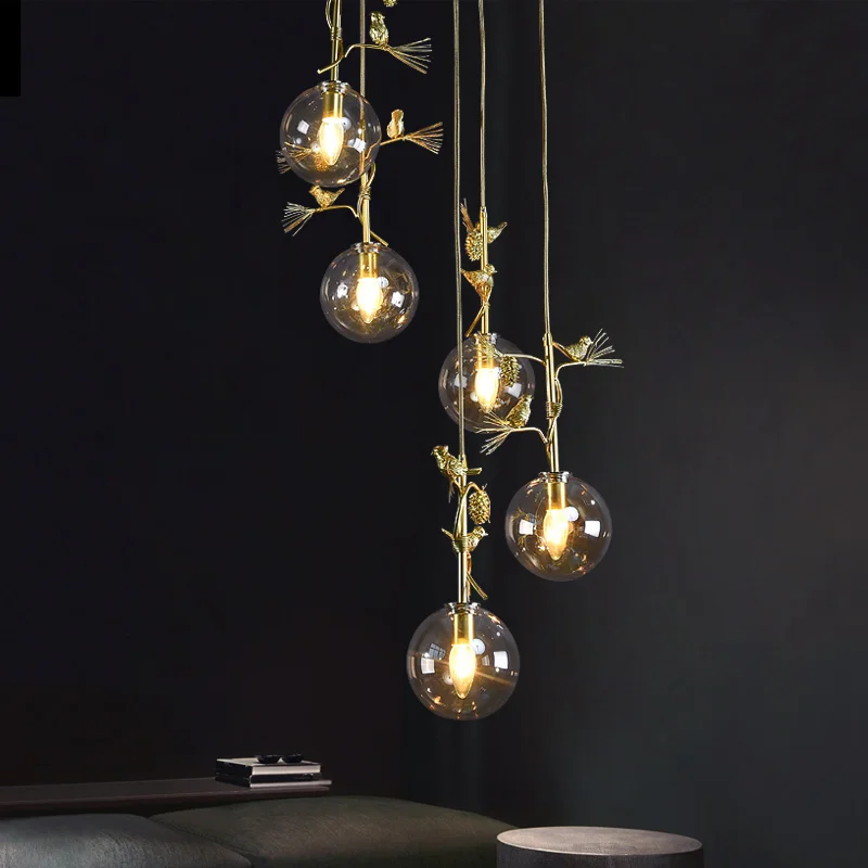 安い スパイラル階段ガラス玉のペンダントライト北欧の高級ゴールド鳥デコレーションランプ現代屋内led照明
