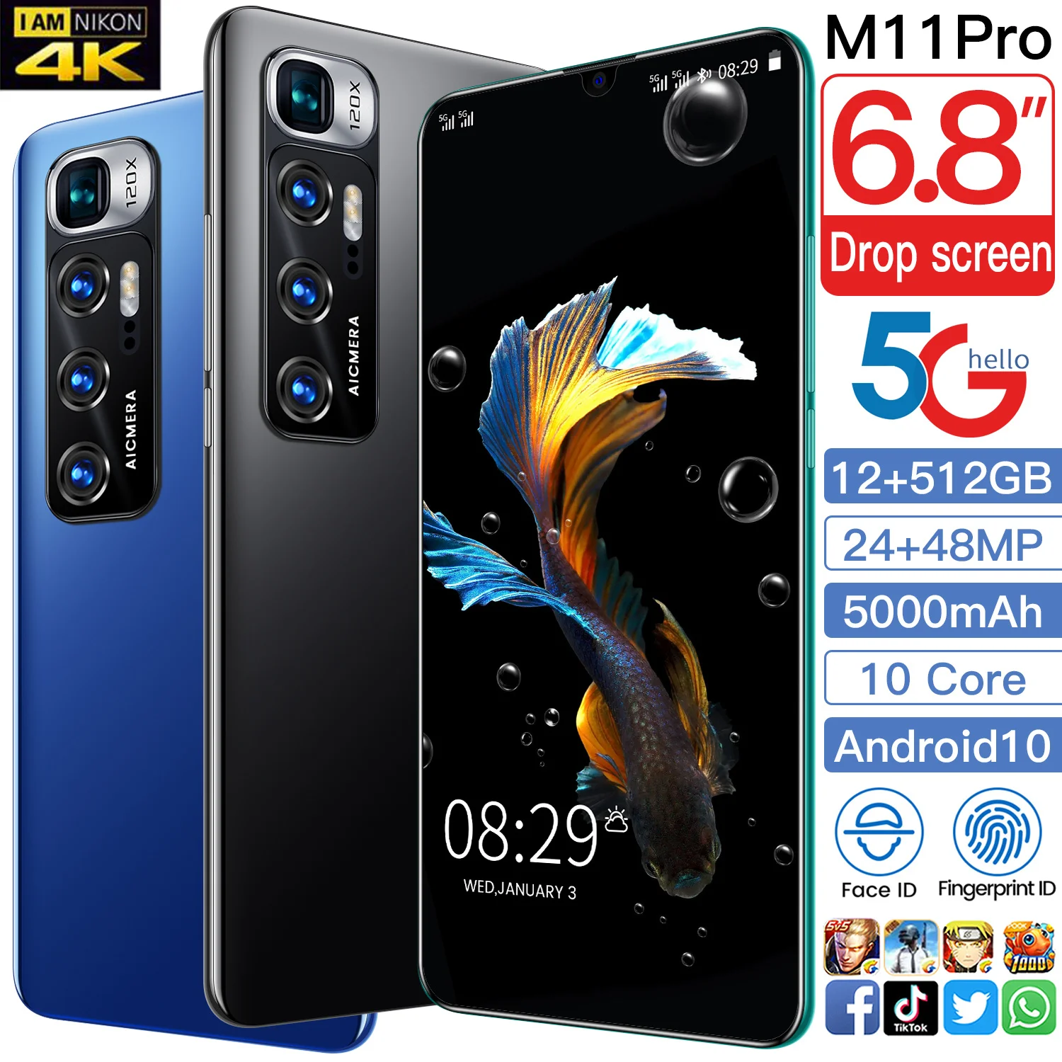

M11 Pro 5G смартфон 6,8 дюймов 12 + 512 Гб мобильный телефон с двумя сим-картами Поддержка Беспроводной Bluetooth GPS распознавания лиц и Android сотовый телеф...