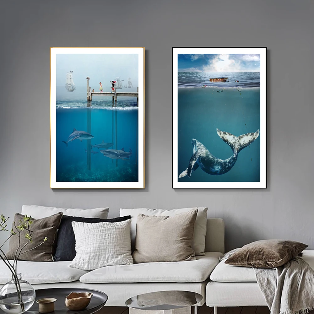 Картина на холсте с изображением Кита голубое глубокое море Настенная картина