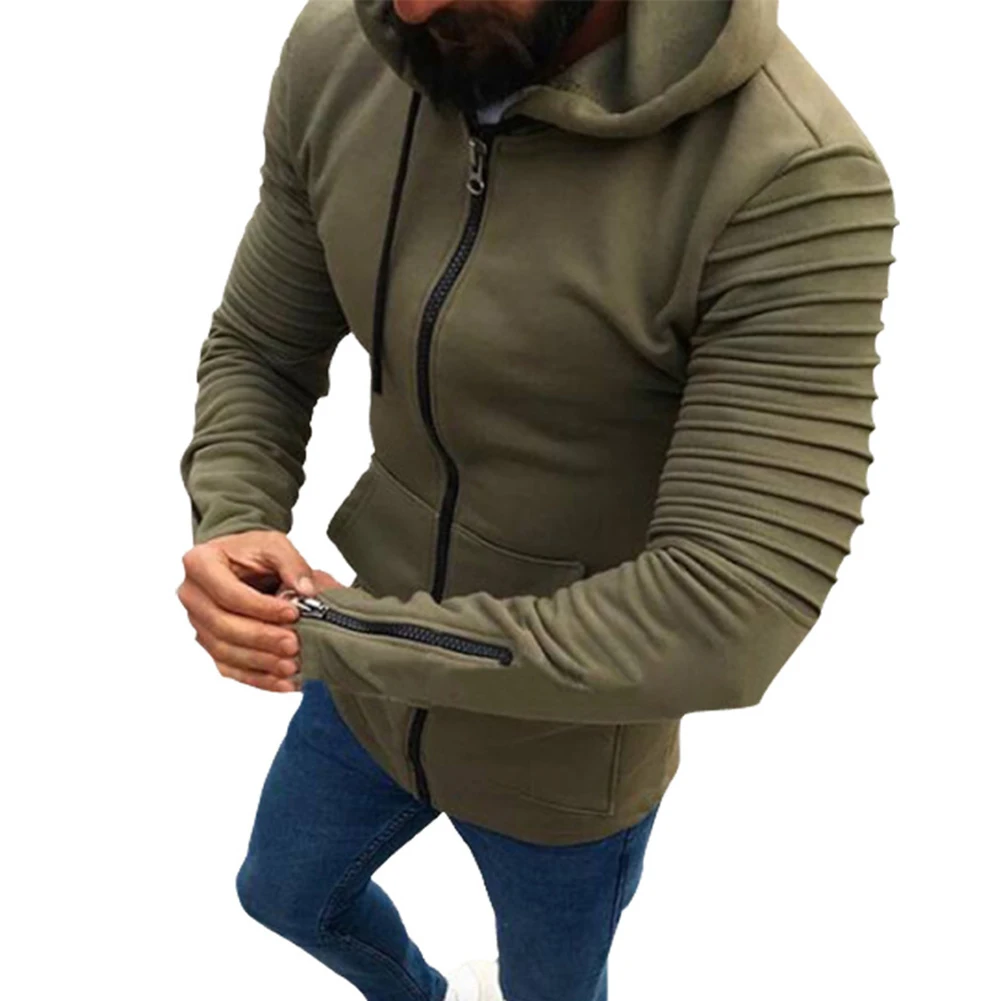 

Plus Size Men Autumn Pleated Long Sleeve Drawstring Hooded Coat Zipper Jacket Men's winter solid color hoodie jacket