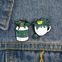 green potted plants coffee tea happy life brooch enamel pins metal broches for women badge pines metalicos brosche accessories