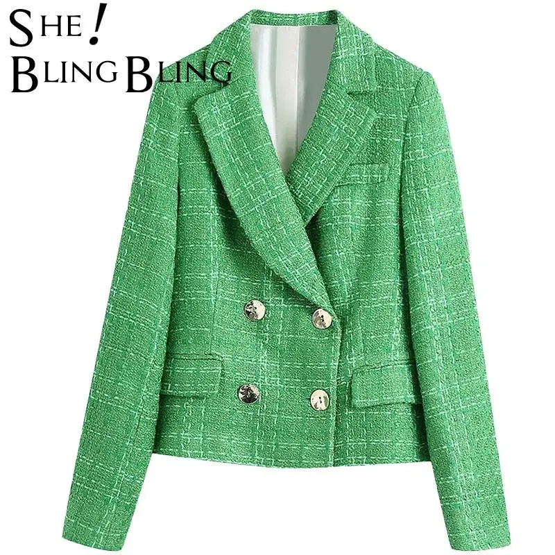 SheBlingBling 2021 Za женский простой зеленый твидовый приталенный комплект из 2 предметов