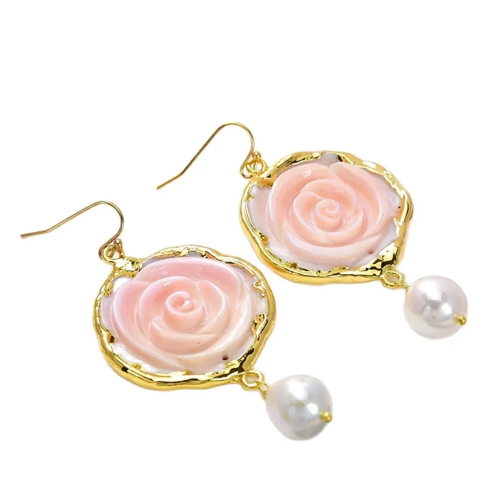 

GG Jewelry Cultured White keshi Pearl Earrings Gold plated Pink Queen Conch Coral Flower Earrings