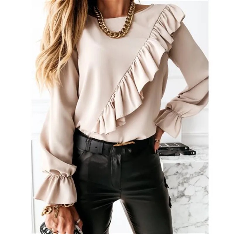 

Long Sleeve Elegant Women Blouses 2021 Lady Office Work Ruffles O-Neck Shirts Tops Spring Autumn Winter Pullover Shirts